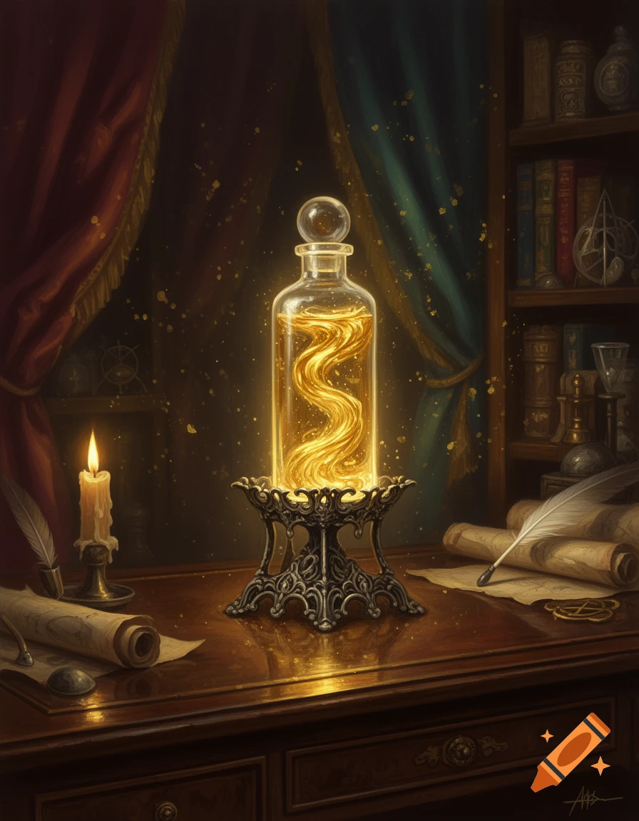 A glowing bottle of golden liquid on an ornate stand sits on a dark wooden desk with a lit candle, quills, and scrolls in an antique-style room.