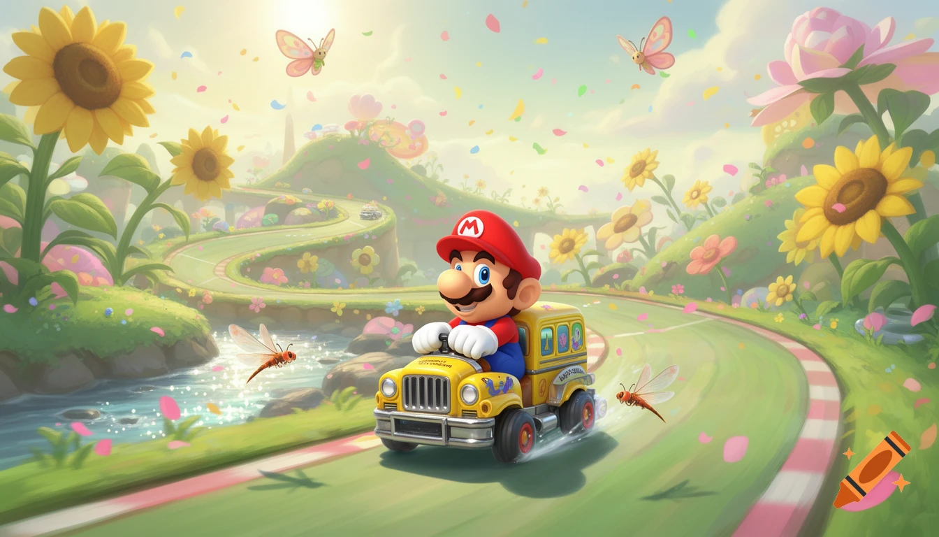 Mario drives a yellow school bus-like kart on a winding green racetrack adorned with sunflowers and pink petals, under a bright sky.