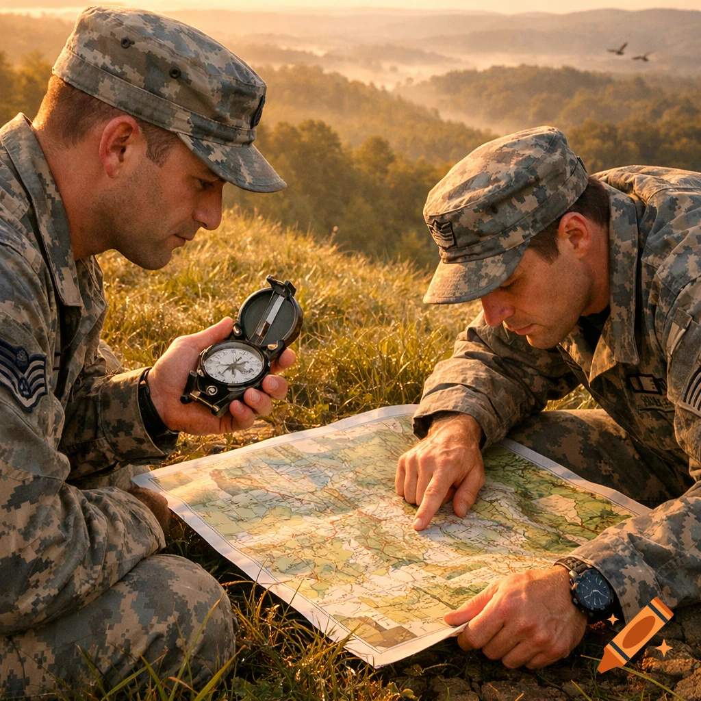 Two Air Force personnel in camouflage uniforms studying a map and compass in a misty, sunlit mountainous landscape.