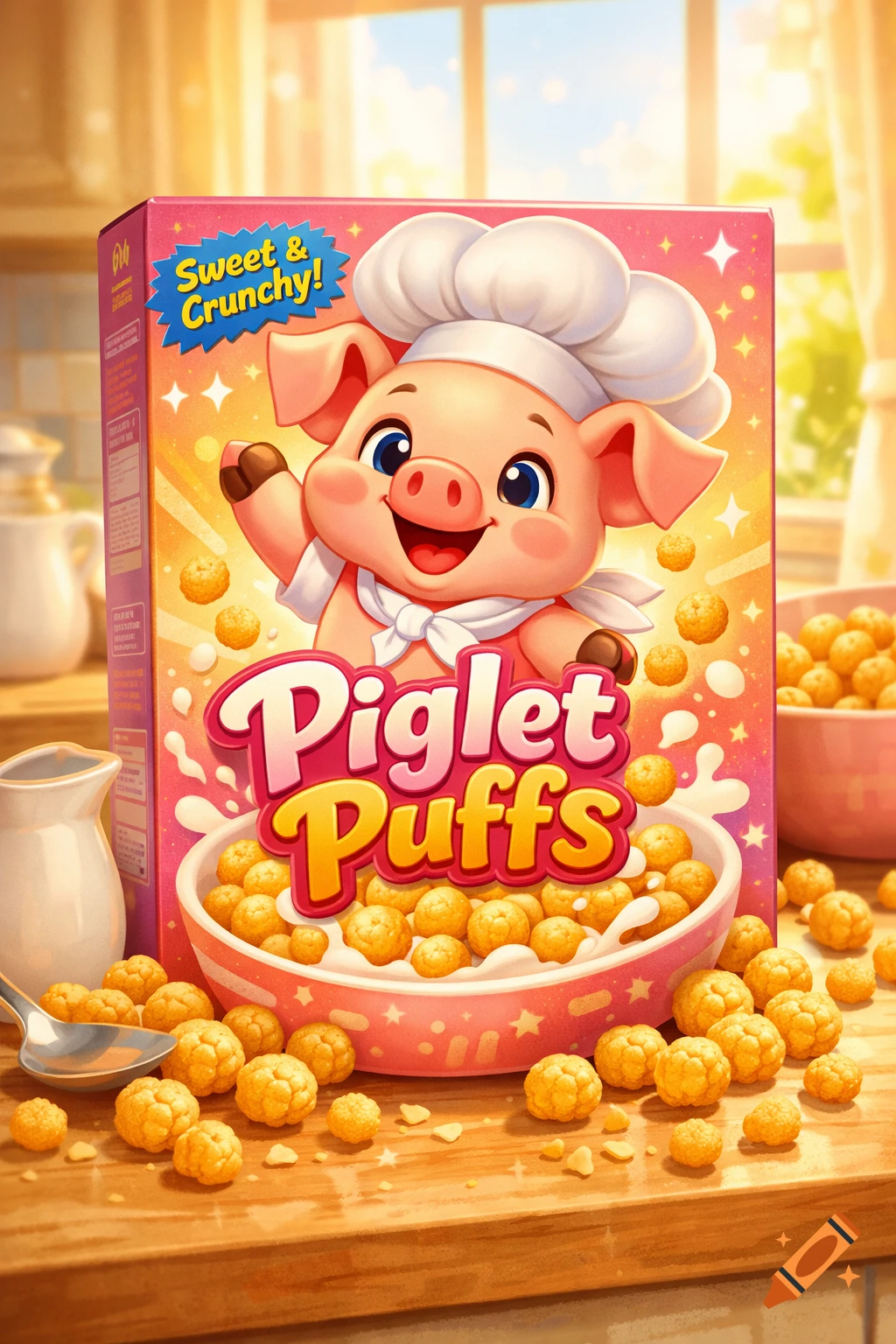 A vibrant cartoon image of a pig chef on a "Piglet Puffs" cereal box, with a bowl of cereal on a wooden counter.