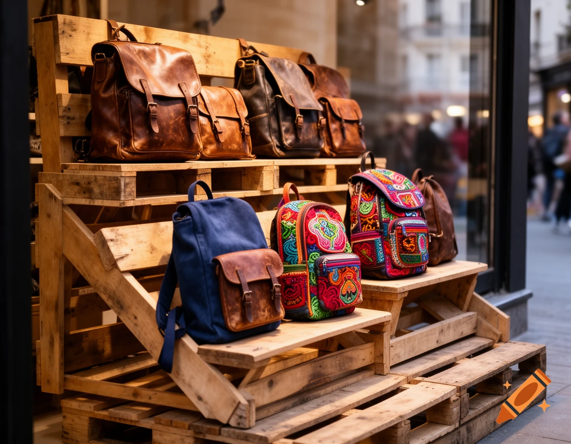 Brown leather and colorful patterned backpacks displayed on wooden pallets outside a shop.