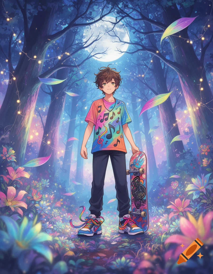 An anime boy with a colorful music note shirt and a skateboard stands in a vibrant, dreamy fantasy forest at night under a full moon.