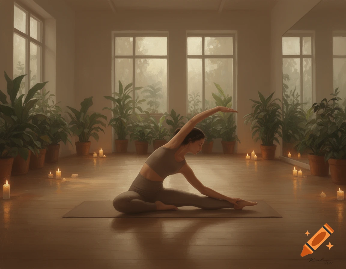 Woman in a serene yoga studio performing a 90-90 stretch pose on a mat, surrounded by plants and candles.
