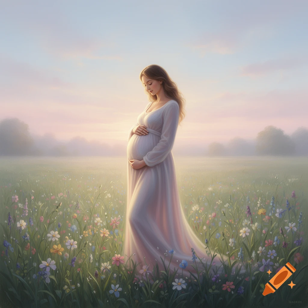A pregnant woman in a flowing white dress stands in a field of colorful wildflowers at dawn, gently holding her belly. Soft, painterly style.