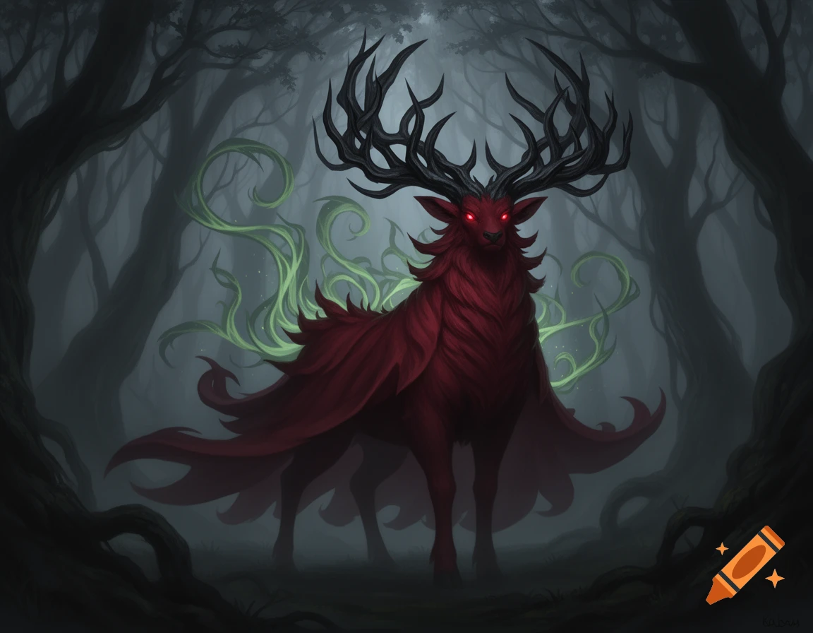 A mythical red deer with glowing red eyes, black jagged antlers, and green tendrils stands in a dark, foggy forest. Fantasy art.