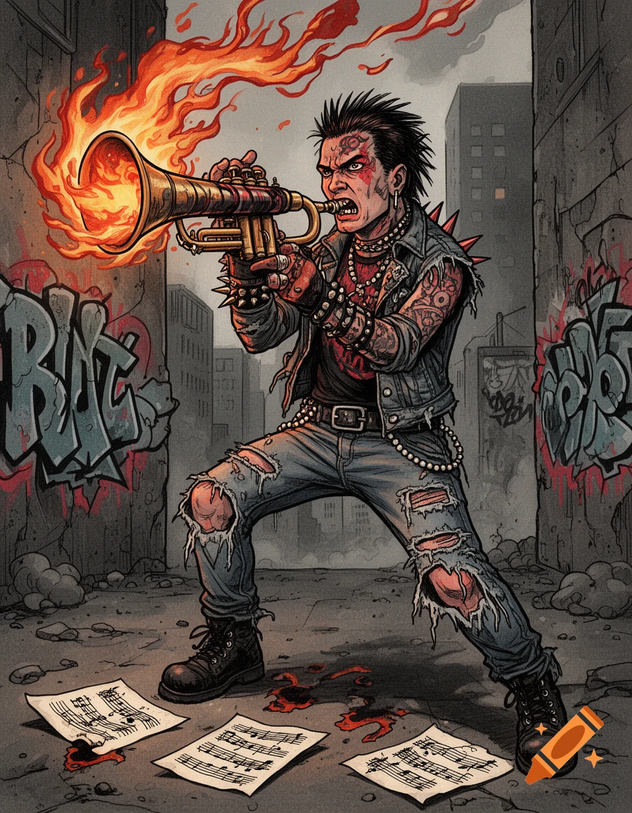 A punk rock character in a torn denim jacket and jeans, holding a flaming trumpet in a gritty alley with scattered sheet music.