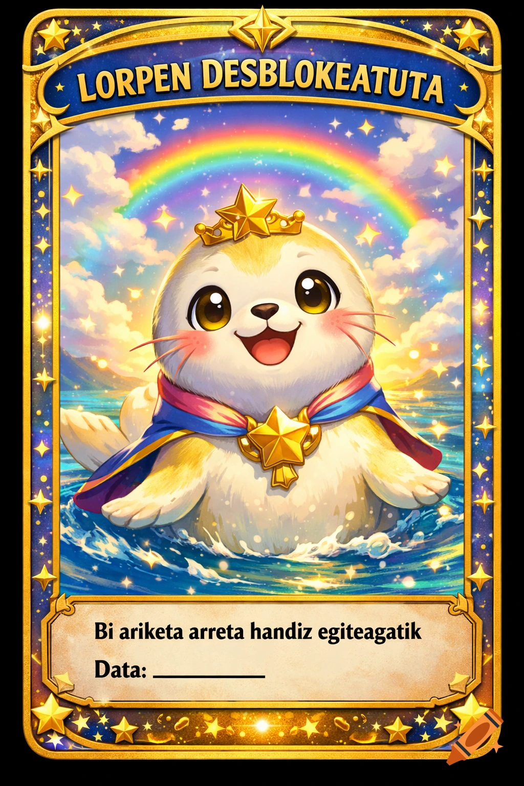A cute, smiling cartoon seal wearing a gold crown and medal, swimming in wavy water under a rainbow, on a starry collectible card with Basque text.