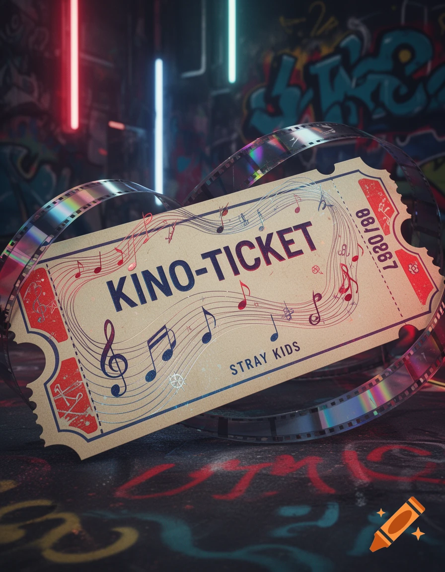 A cinema ticket with musical notes and 'KINO-TICKET' text, wrapped in a film strip, against a graffiti-covered wall with neon lights.