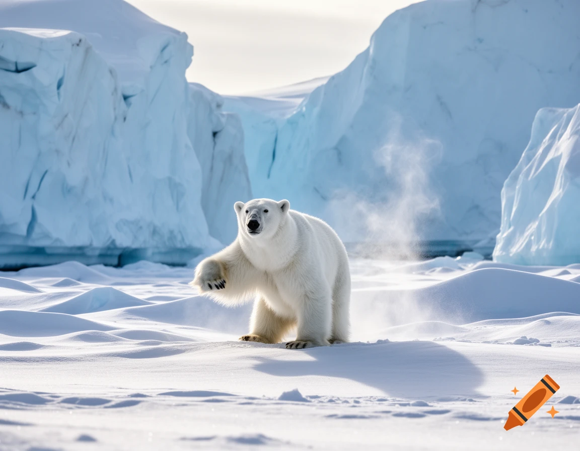 A majestic polar bear walks across a snowy arctic landscape with large icebergs in the background, steam rising around it.
