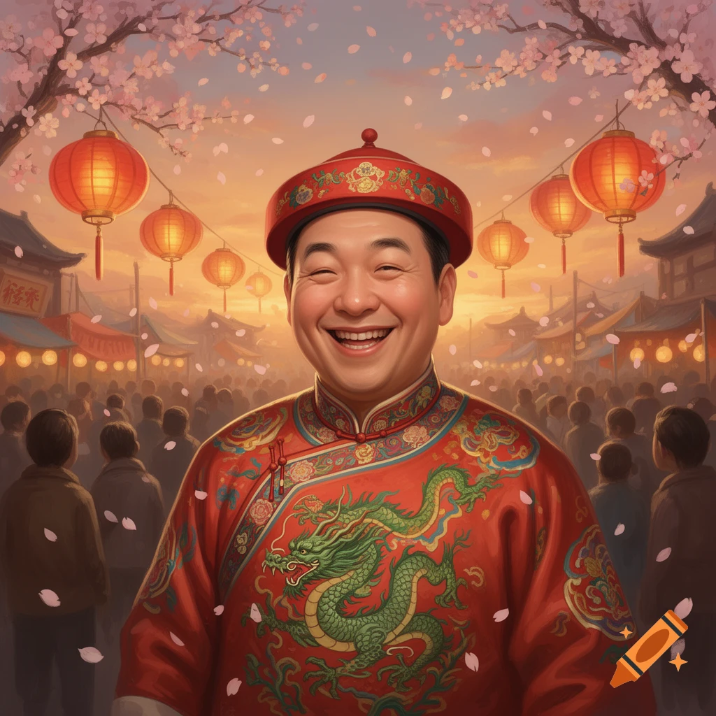 A smiling man in red traditional Chinese attire with a green dragon design and red hat, at a bustling festival with lanterns and falling cherry blossoms at sunset.