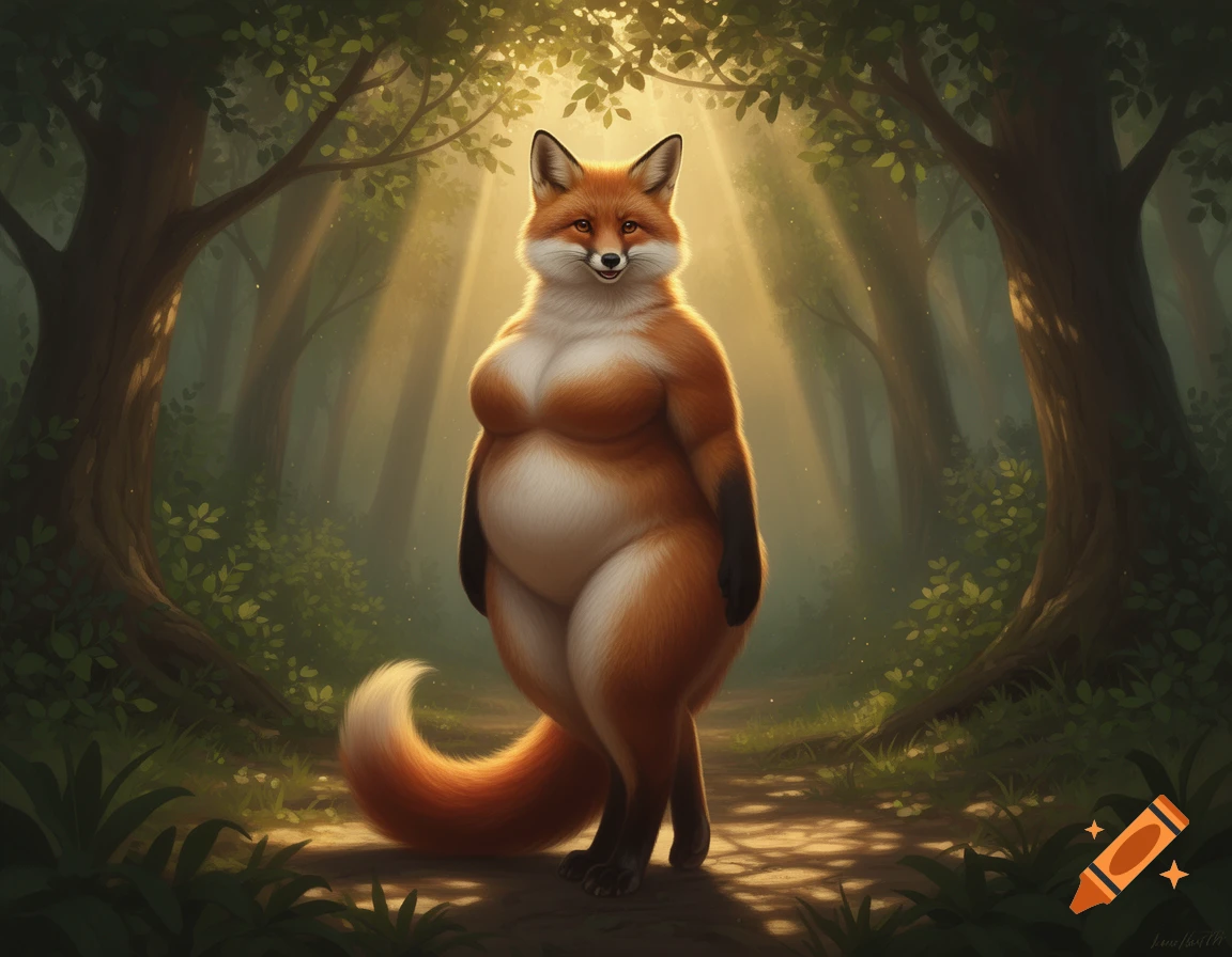 A curvy anthropomorphic fox stands gracefully in a sun-dappled forest clearing, digital art.