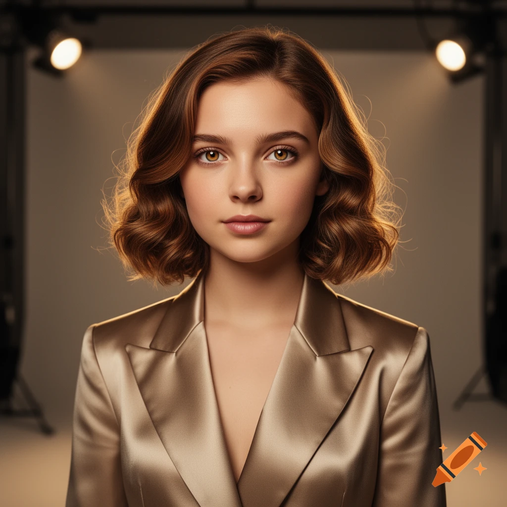 A photorealistic portrait of a young woman with brown wavy hair and ...
