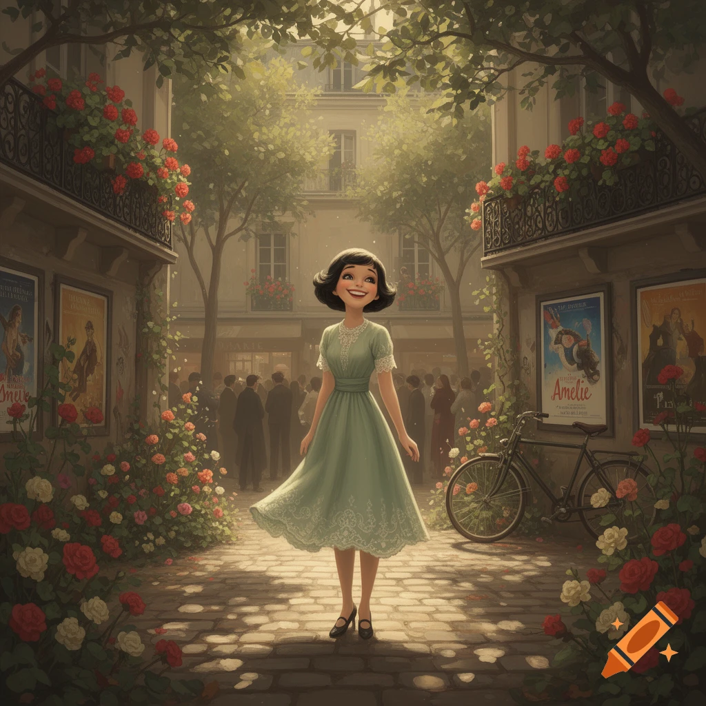 A smiling woman in a green dress stands on a cobbled street lined with flowers and trees, with buildings and movie posters in a stylized art style.