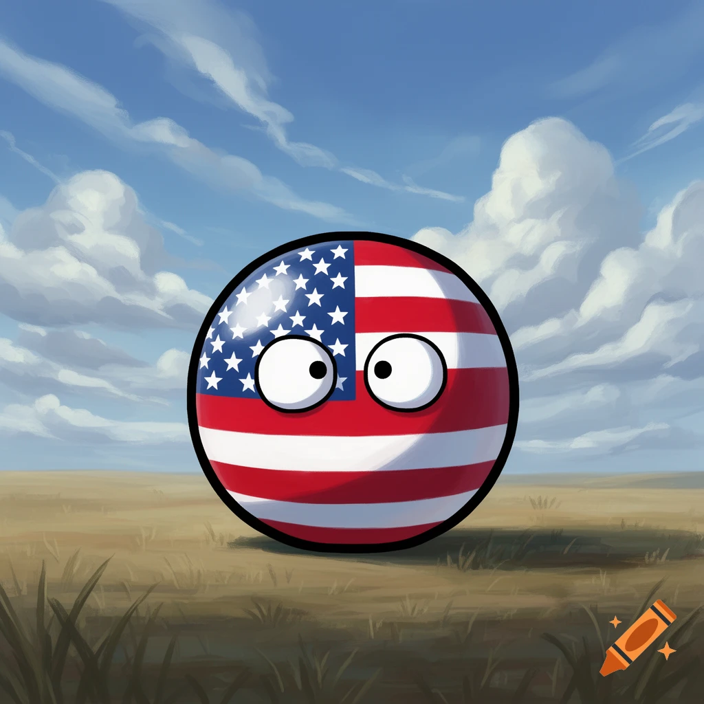 A cartoon USA countryball with wide eyes in a grassy field under a blue sky.