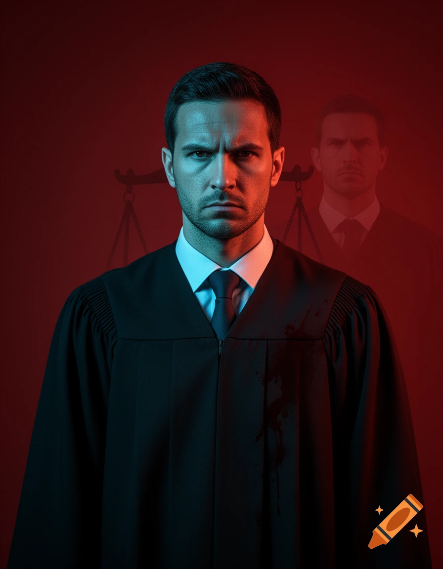 A stern male prosecutor in a blood-stained black legal robe, with dramatic red and blue lighting, against a background of a ghostly silhouette and scales of justice.