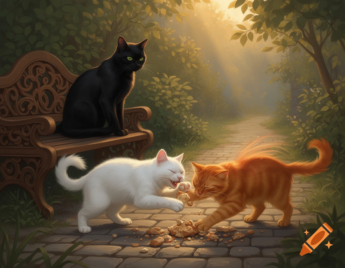 A black cat sits on a bench watching a white and ginger cat fight over ...