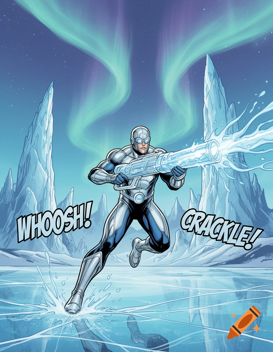 A comic book panel shows an ice agent in a silver and blue suit, firing an ice beam from a large gun in an arctic landscape.