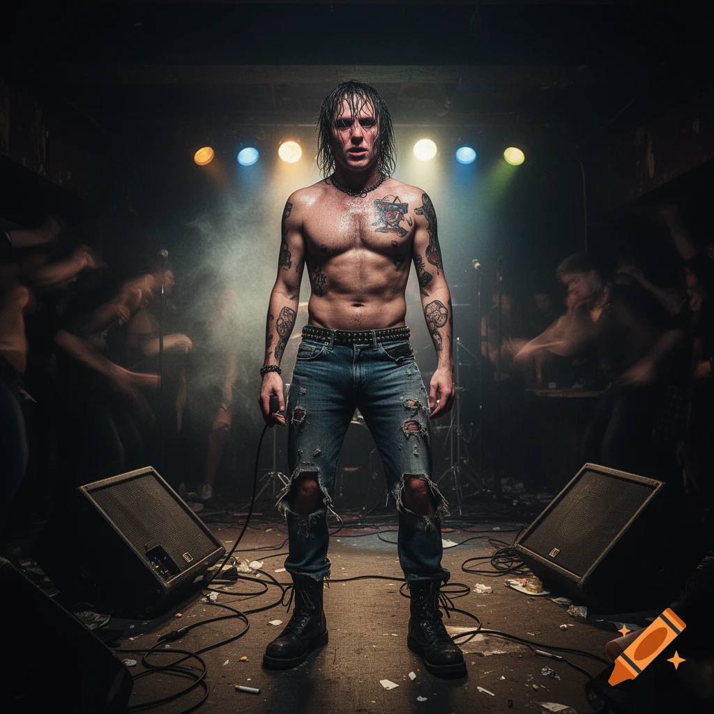 A shirtless, heavily tattooed man with wet hair stands defiantly on a dark, smoky stage, surrounded by blurred concert-goers.