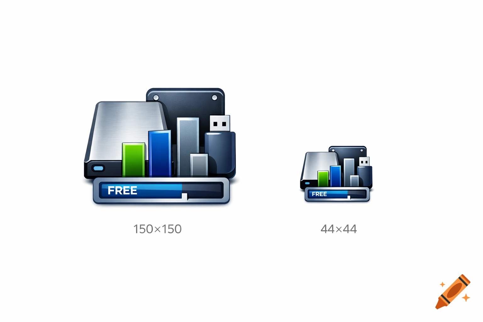 A stylized icon showing computer storage devices like hard drives and a USB stick, with a bar chart and a blue progress bar labeled 'FREE'.