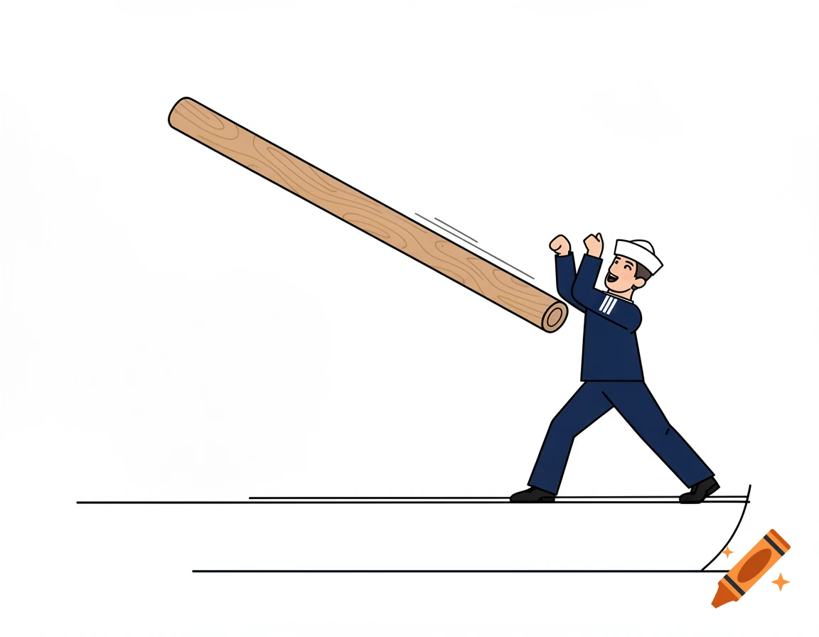 A cartoon sailor in a blue uniform on a boat is about to be hit on the head by a large wooden boom, in a flat vector style.