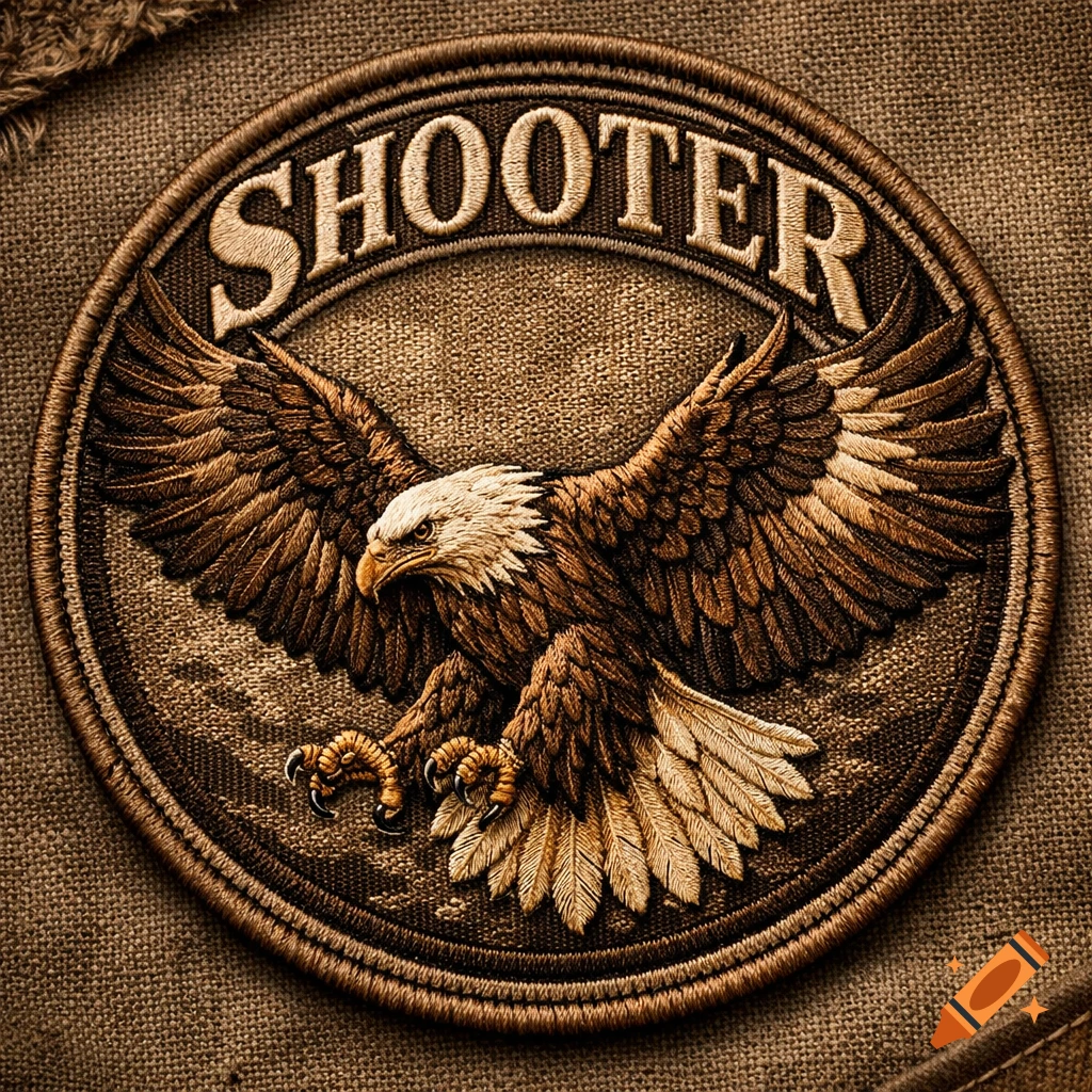 Embroidered round patch featuring a bald eagle with spread wings and the word "SHOOTER" above it, on a canvas background.