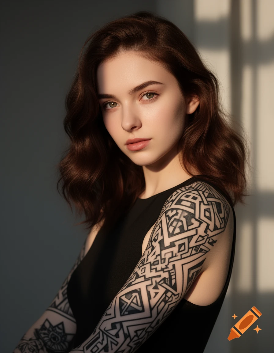 A young woman with brown wavy hair and a black top, featuring large geometric sleeve tattoos, poses in soft sunlight.