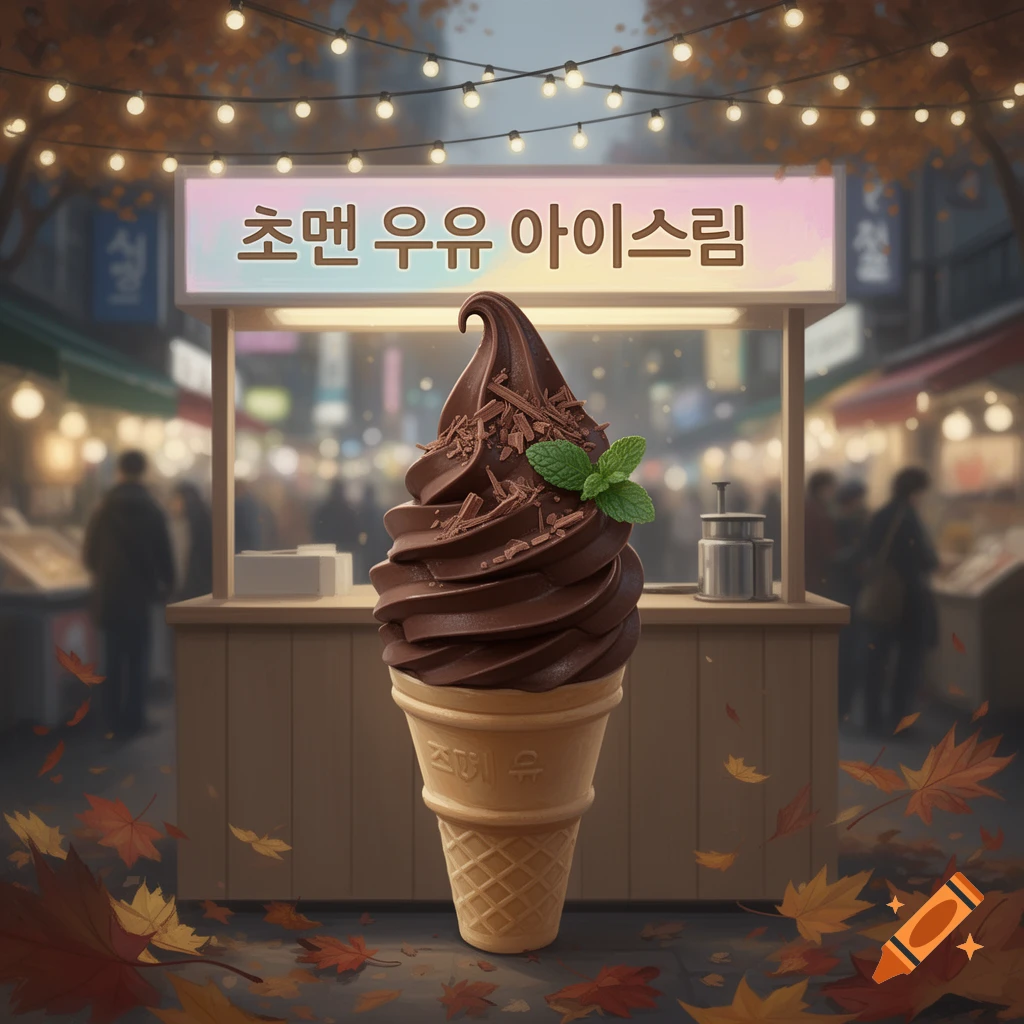 A chocolate soft-serve ice cream cone with chocolate shavings and mint, in front of a market stall with Korean text, under string lights and autumn leaves.