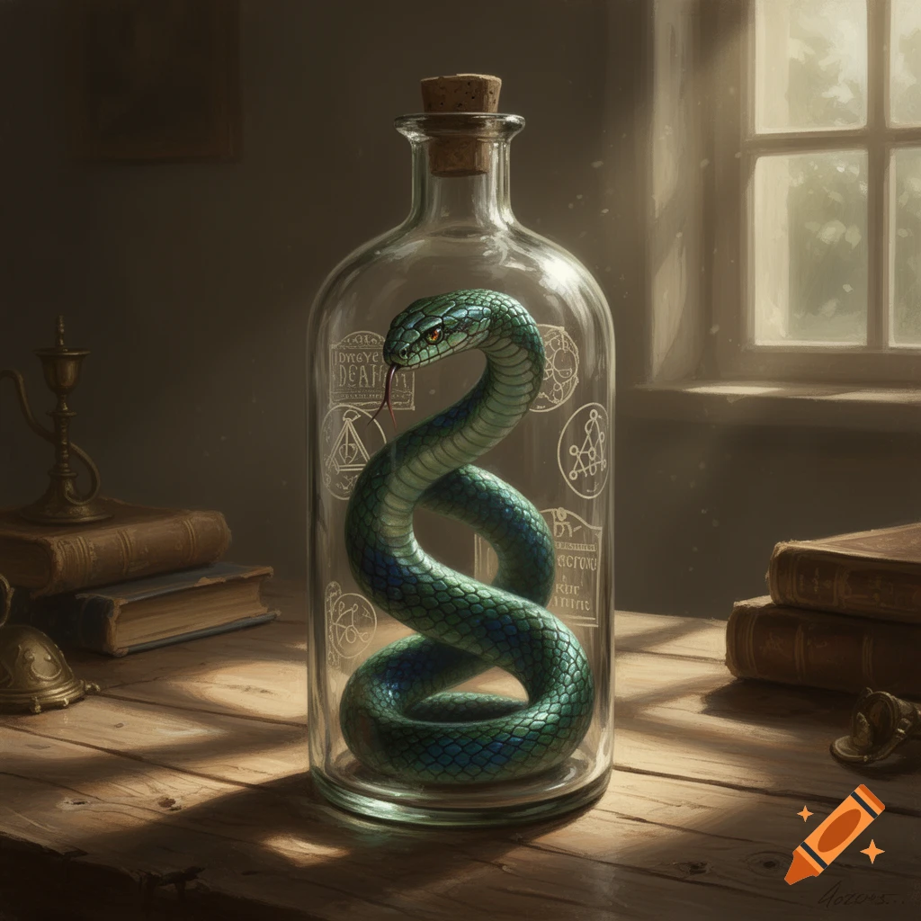 A detailed illustration of a green and blue snake coiled inside a clear glass bottle with a cork. The bottle is etched with arcane symbols and sits on a wooden table amidst old books, illuminated by soft light from a window.