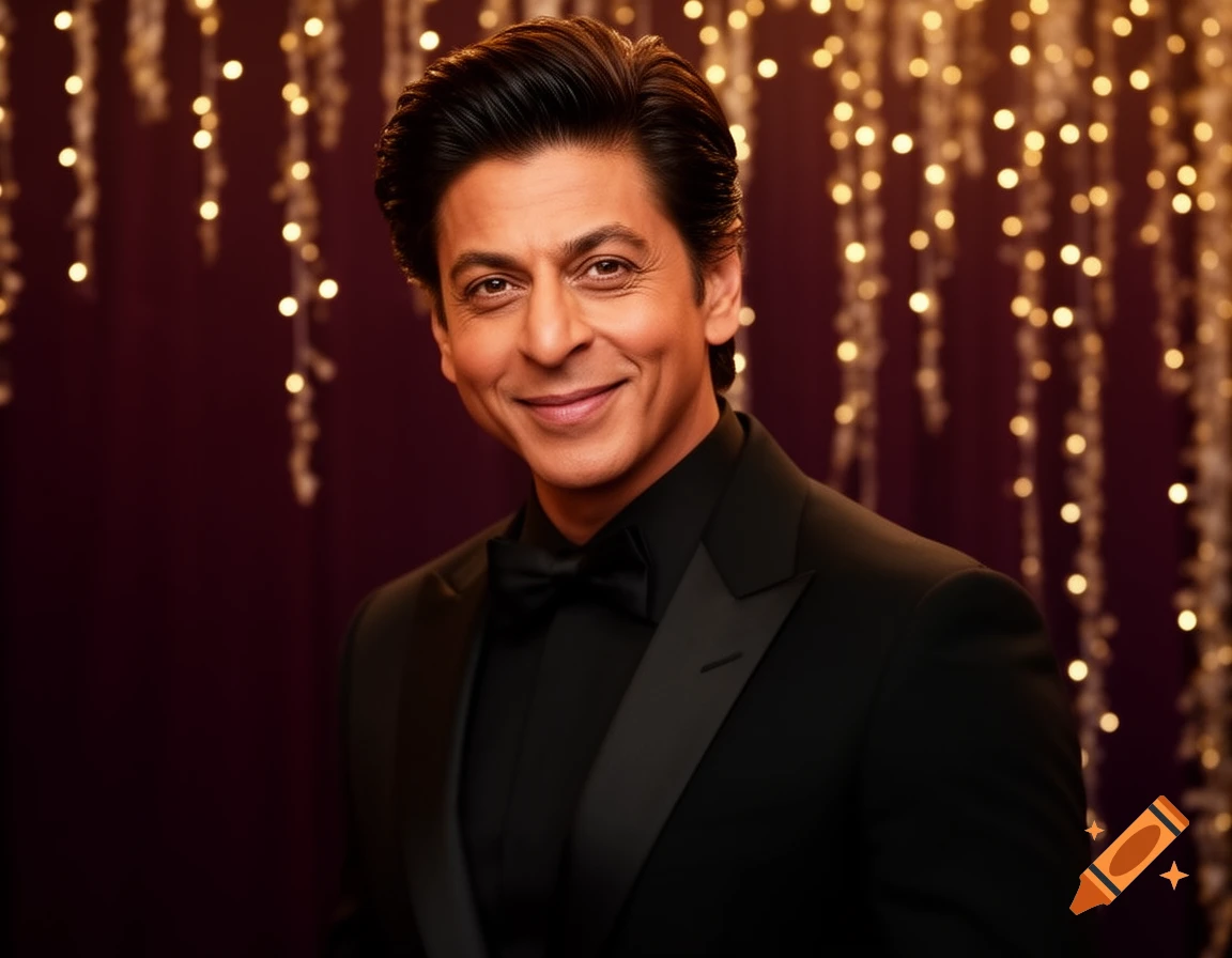Photorealistic portrait of Shah Rukh Khan smiling, wearing a black tuxedo and bow tie, with golden bokeh lights in the background.