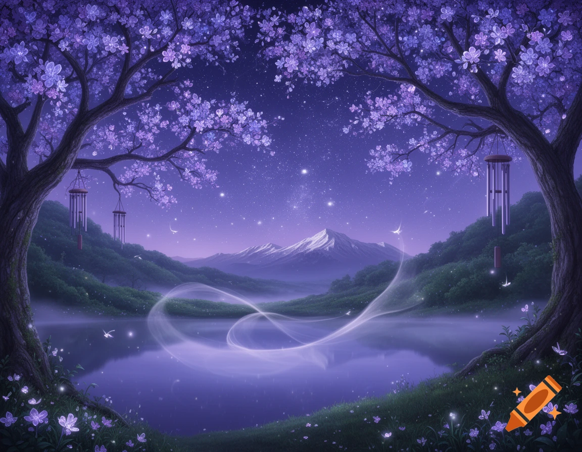 Magical night landscape with purple flowering trees framing a calm lake under a starry sky, mountains in the distance, and glowing light trails.