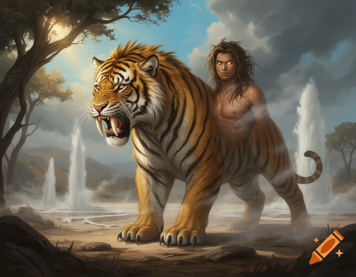 Fantasy art of a shirtless man with glowing eyes fused with a roaring saber-tooth tiger, standing amidst geysers and trees under a sunny sky.