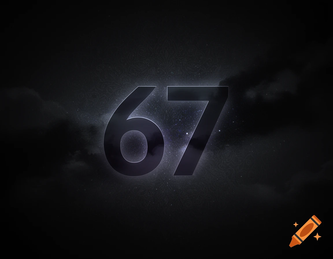 A large, dark, glowing number 67 against a shadowy, starry background with cloud-like textures.
