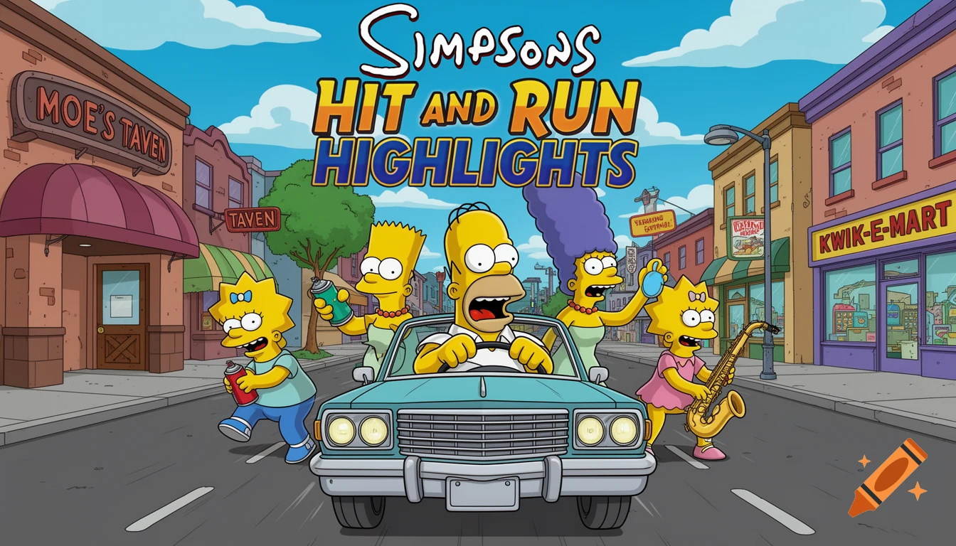 The Simpsons family in a cartoon style, with Homer driving a car, Marge, Bart, Lisa, and Maggie around him on a street in front of shops, with "SIMPSONS HIT and RUN HIGHLIGHTS" text at the top.