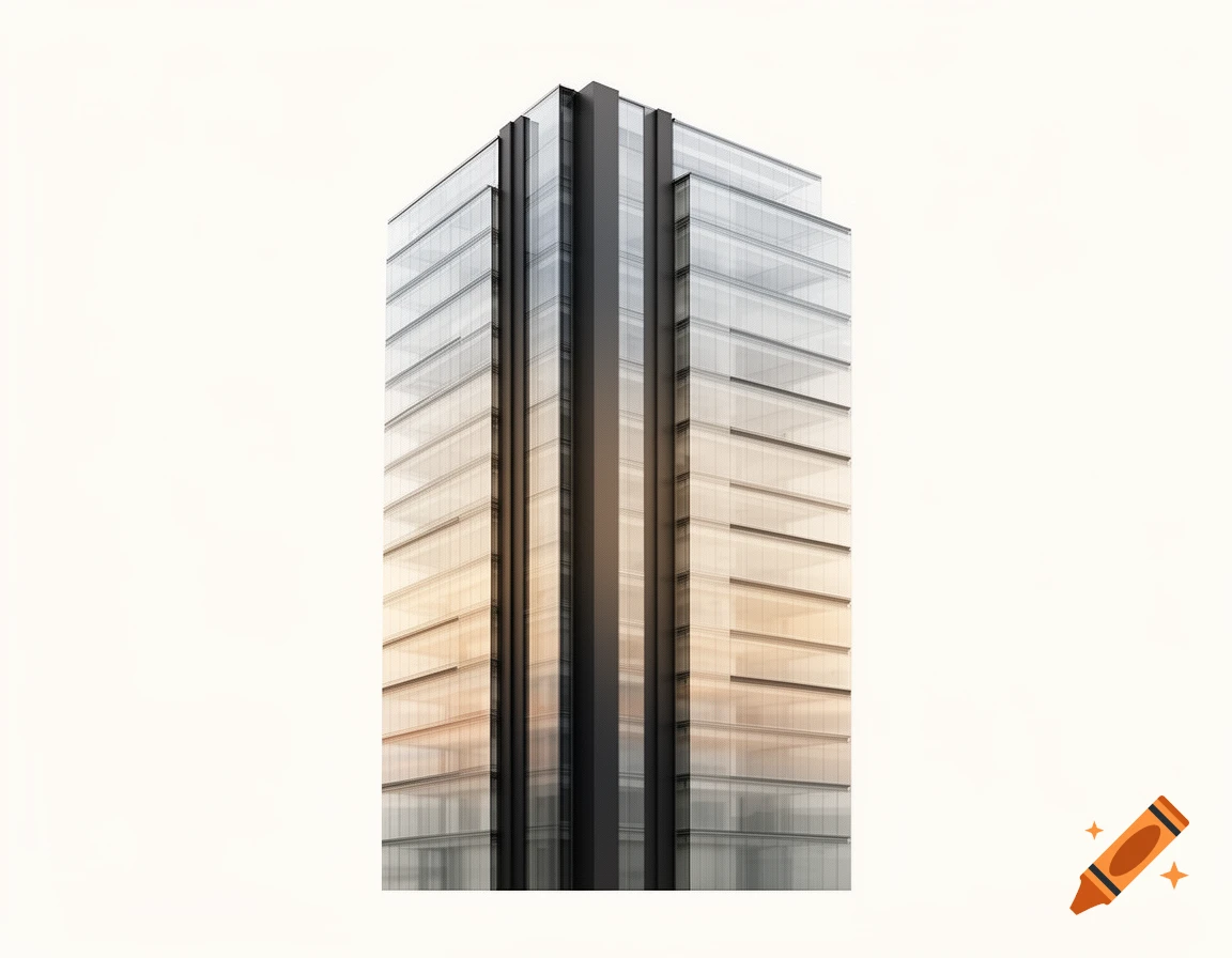 A modern glass and steel office building with a dark central column, set against a stark white background.