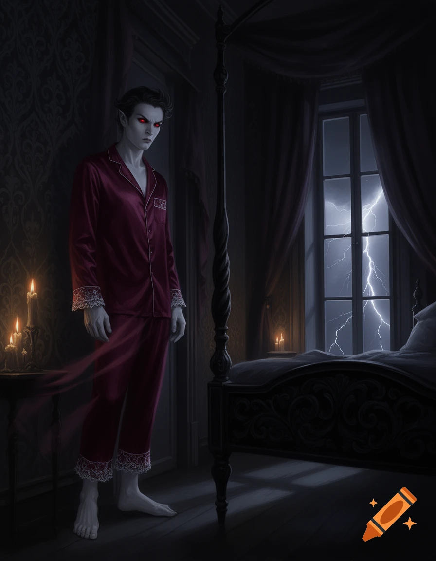 Pale male vampire with red eyes in dark red pajamas stands in a dimly lit gothic bedroom with lightning outside.