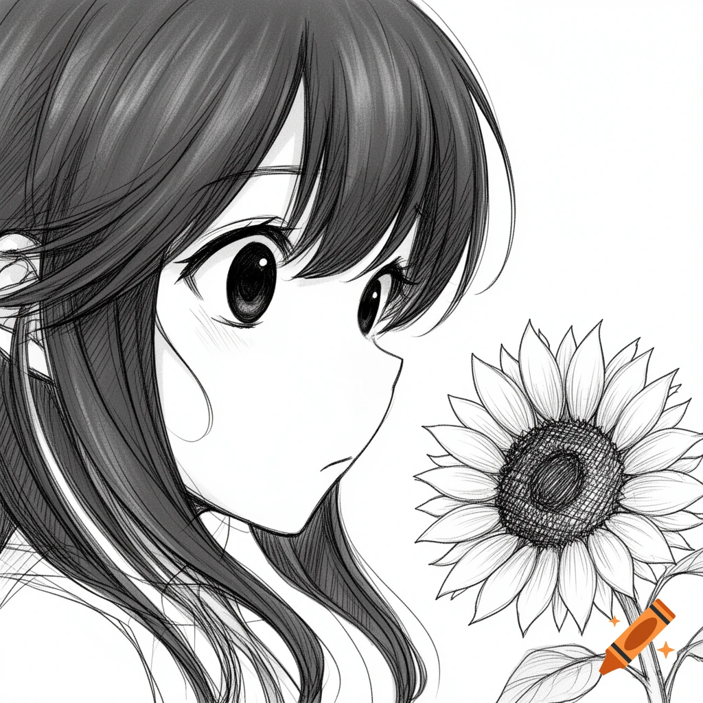 An anime girl with dark hair and black eyes stares at a sunflower, rendered in a black and white sketch style.