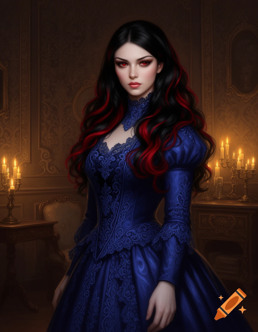 A gothic woman with black hair, red highlights, and red eyes wears an ornate blue Victorian gown in a dimly lit room.