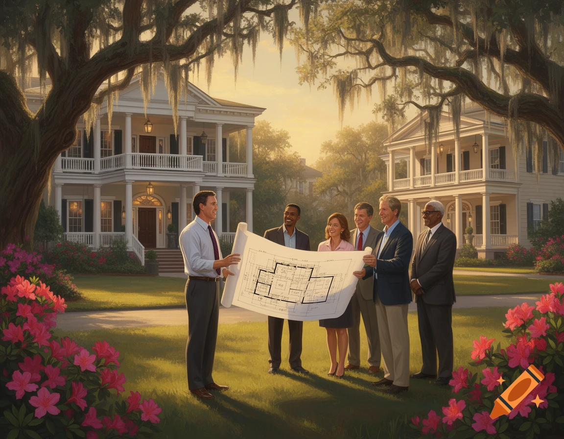 Diverse business professionals reviewing blueprints in front of elegant Southern mansions with azaleas and Spanish moss at sunset.