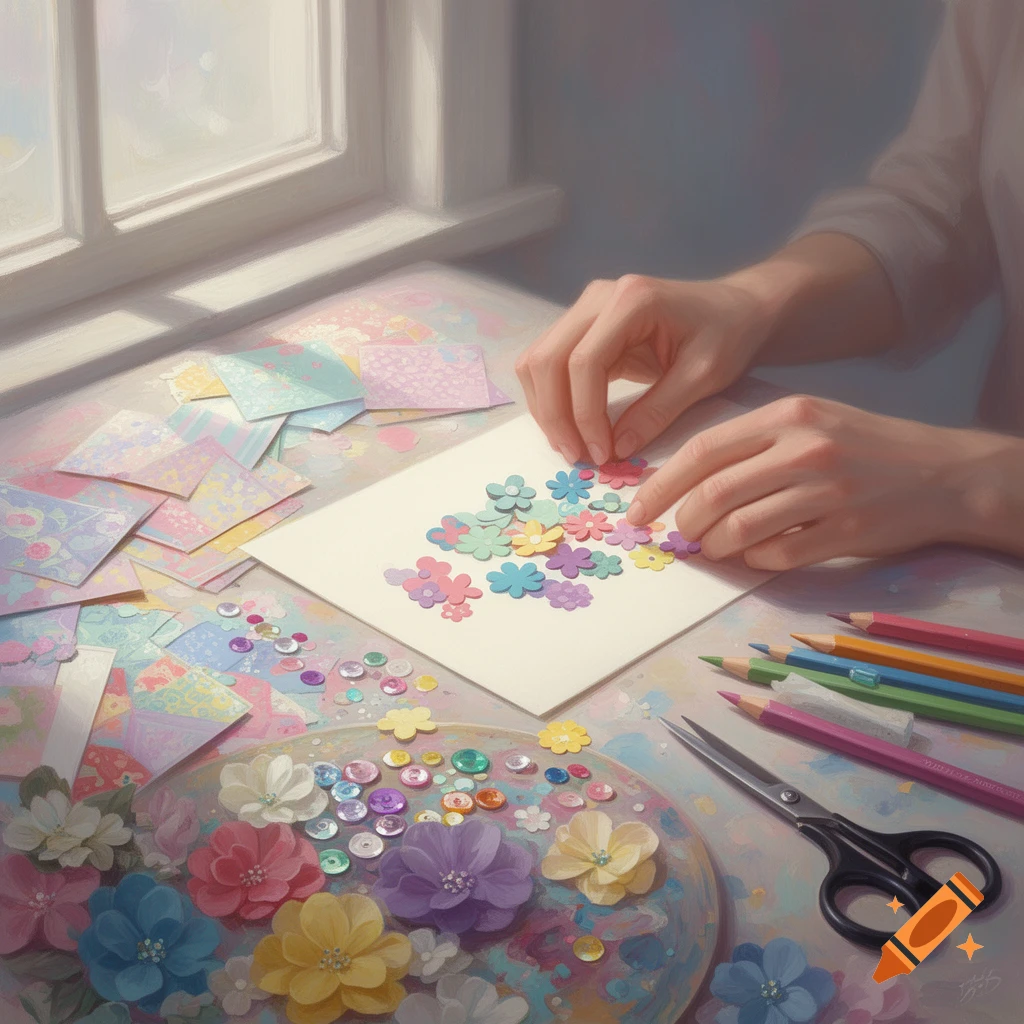 Hands arrange colorful paper flowers and sequins onto a white card, surrounded by craft supplies on a table bathed in sunlight.