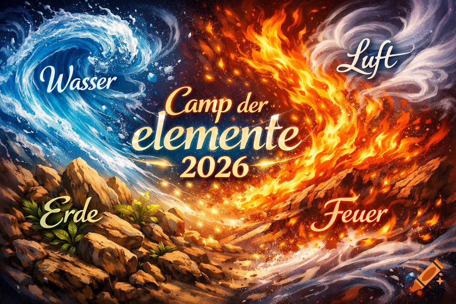 Dynamic fantasy art showing the four elements: water, fire, earth, and air, with text 'Camp der elemente 2026' and each element labeled.