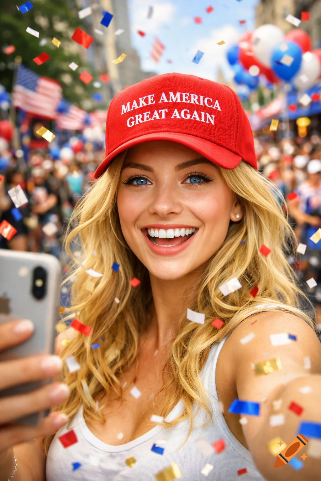 Blonde woman in red 'Make America Great Again' cap takes a selfie at a parade with confetti falling, photorealistic.