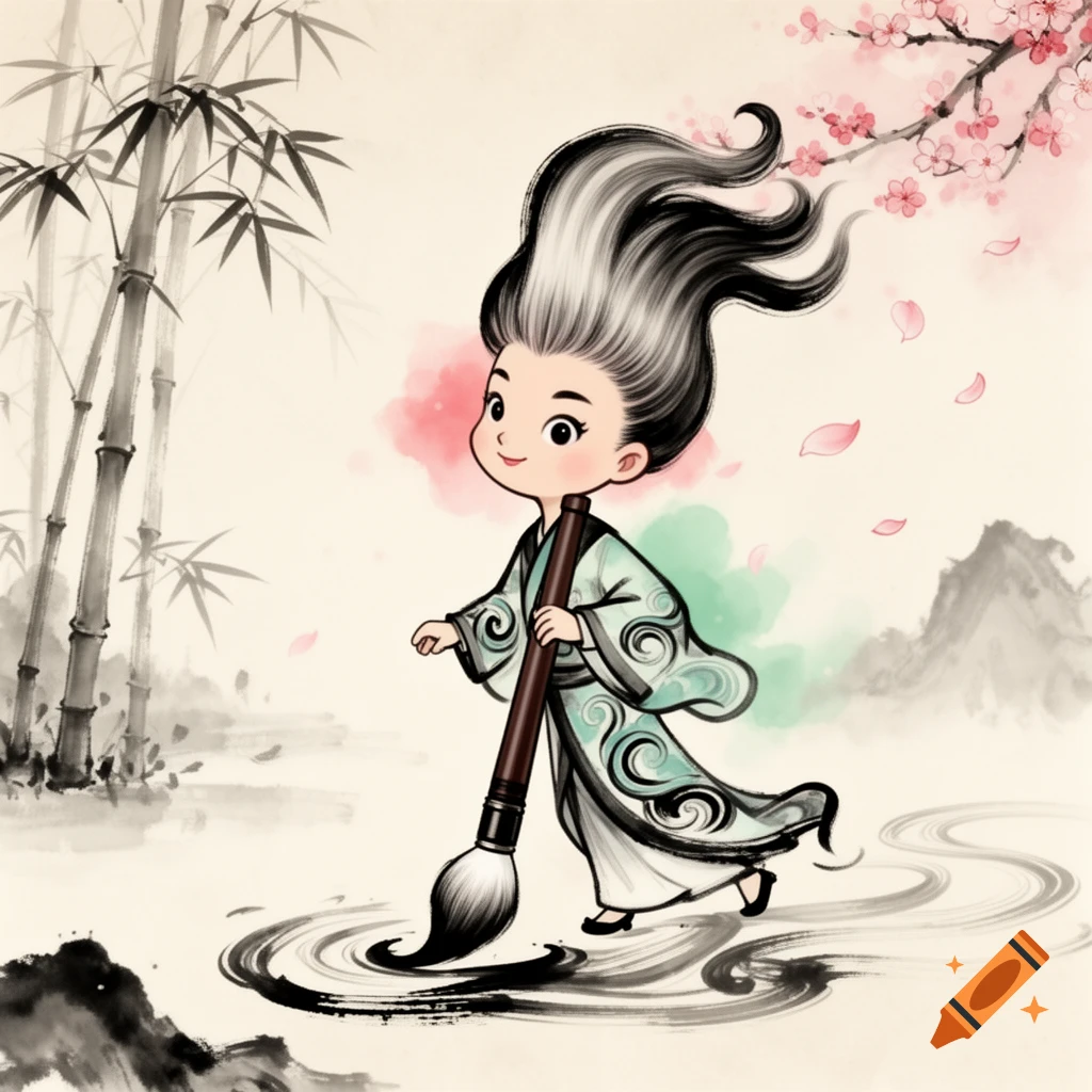 A cute cartoon figure in a traditional Chinese robe uses a large calligraphy brush to paint an ink wash landscape with bamboo and cherry blossoms.