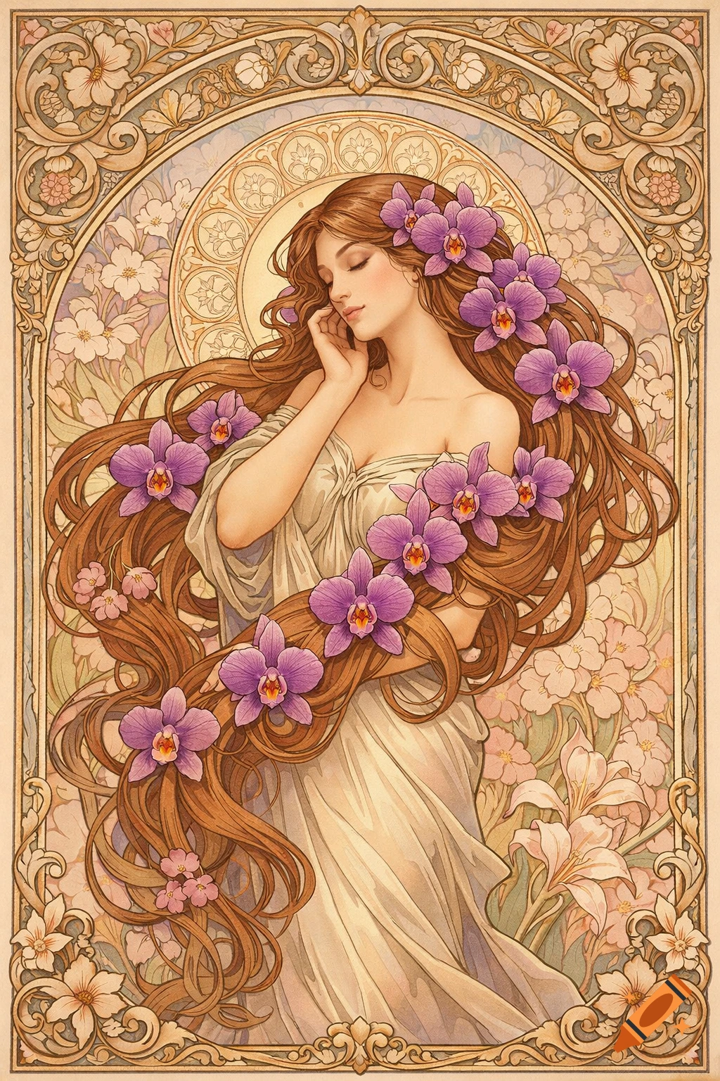 Art Nouveau illustration of a graceful woman with long brown hair adorned with purple orchids, surrounded by intricate floral patterns and a decorative border.
