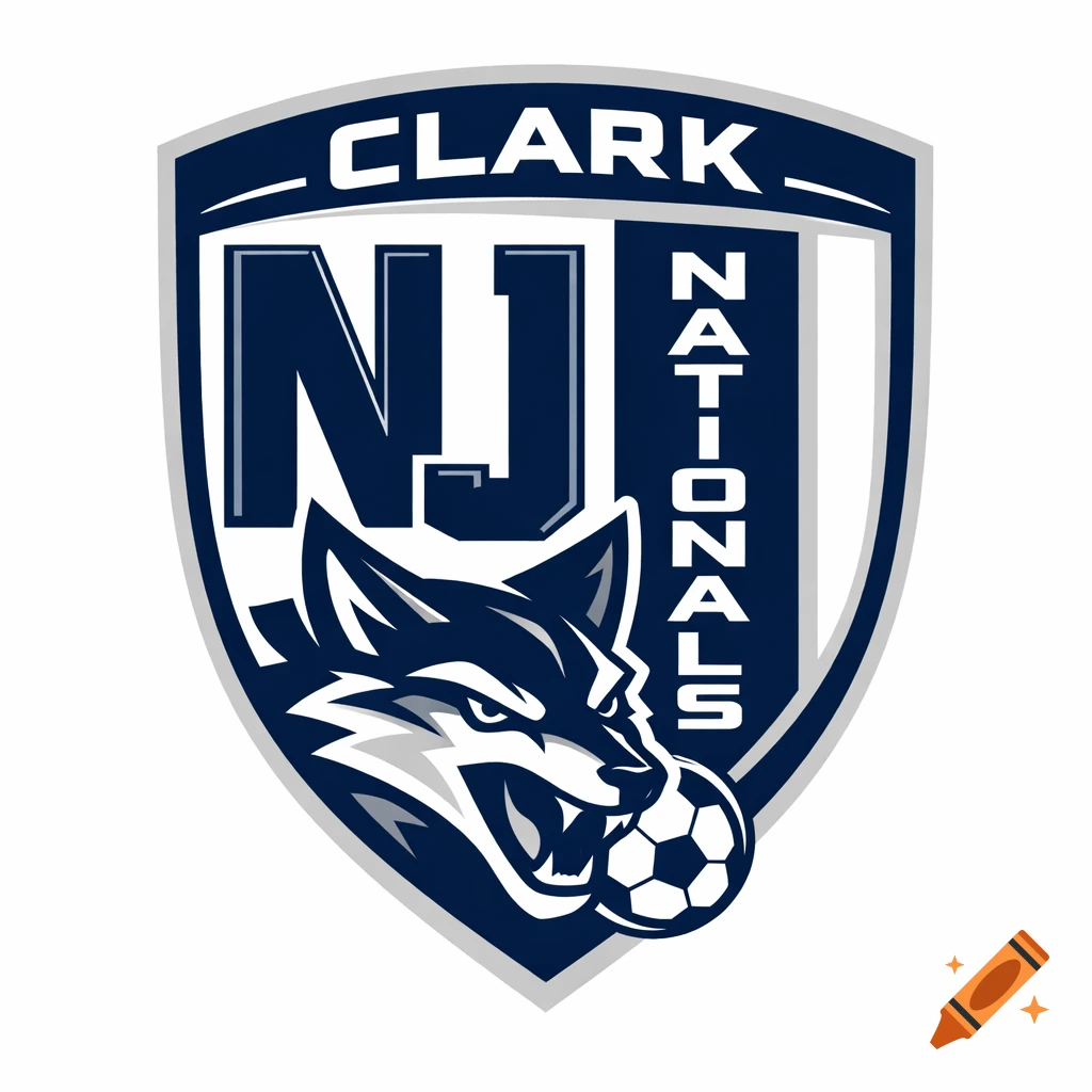 Clark NJ Nationals soccer club shield logo with a stylized navy blue and white coyote head holding a soccer ball.