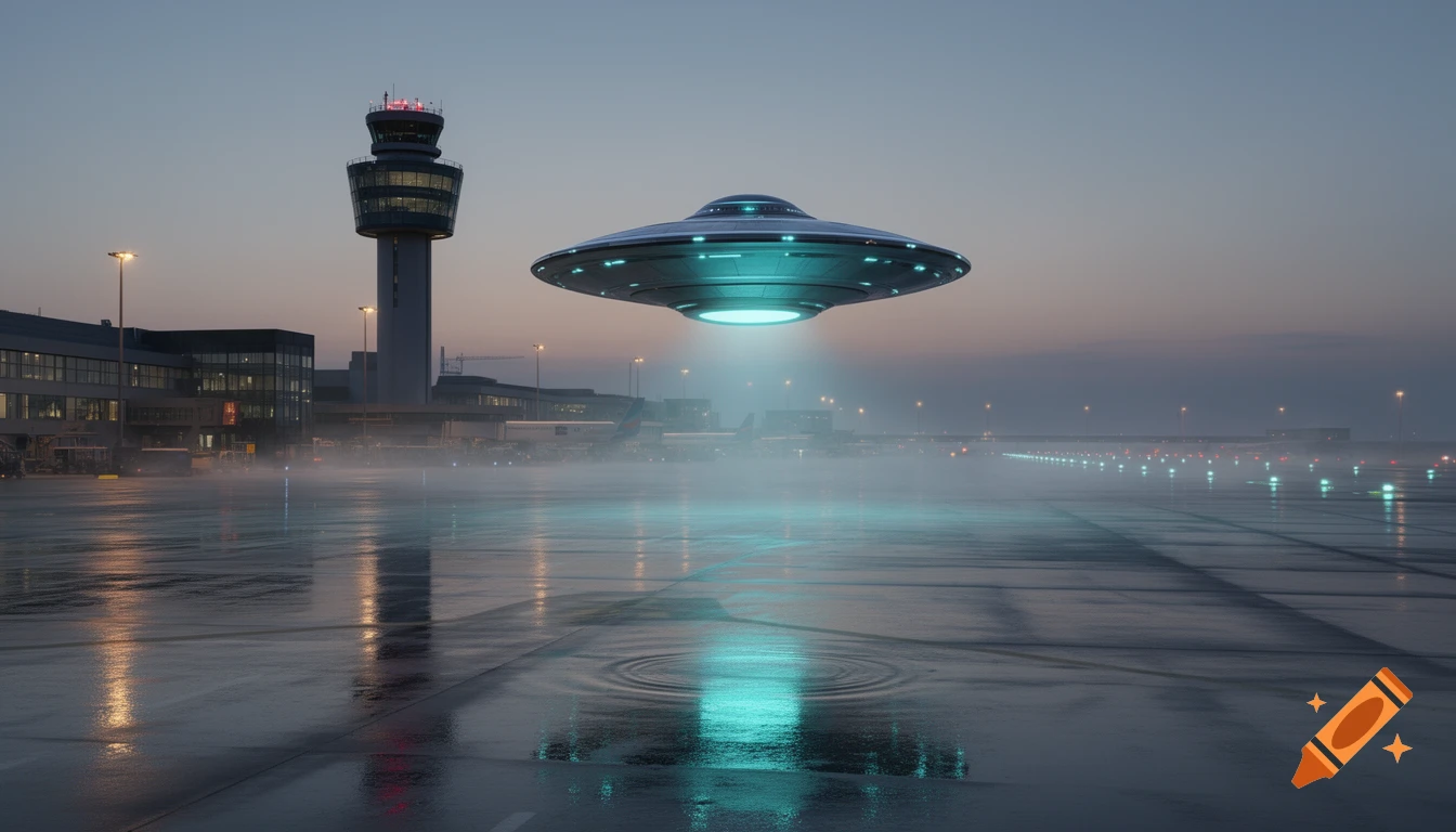 A photorealistic UFO hovers over a wet airport tarmac at dusk, with a control tower and faint airport lights in the background.