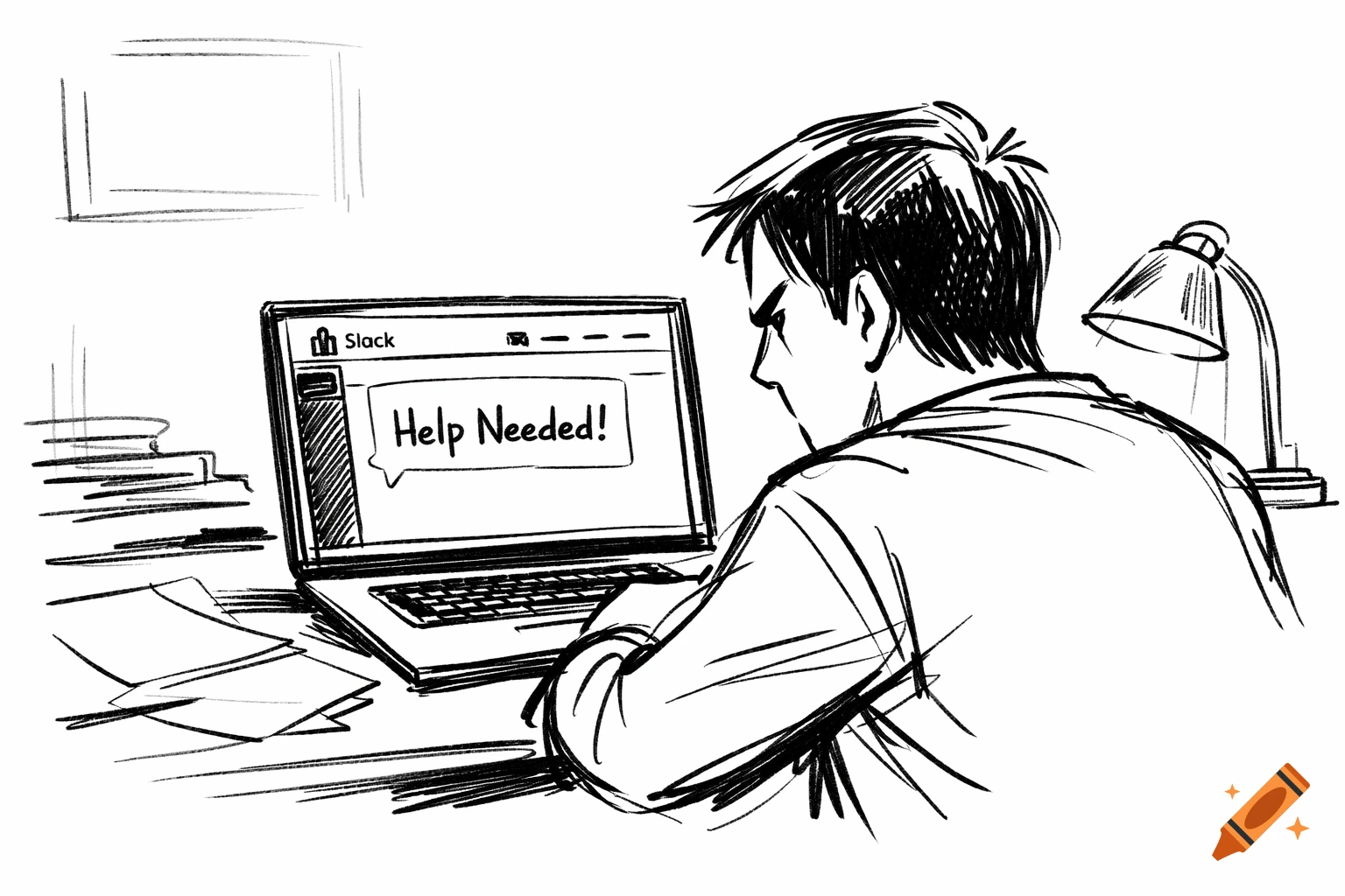 A black and white sketch of a person looking stressed while typing 'Help Needed!' on a laptop in a Slack chat.