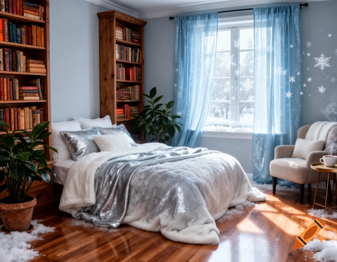 A cozy winter bedroom with white and silver bedding, wooden bookshelves, potted plants, and snow on the floor and windowsill.