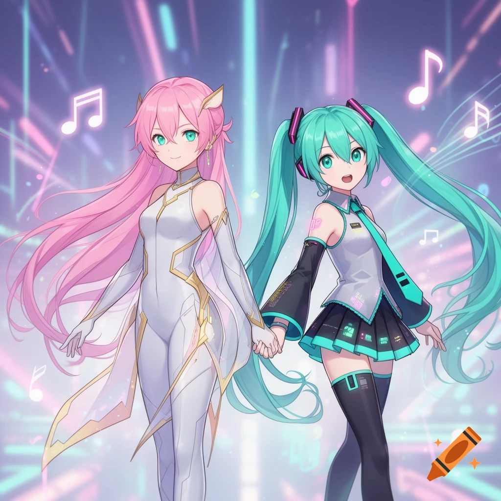 Anime characters Miku and Luka, one with pink hair in a white and gold suit, the other with aqua pigtails in her signature outfit, hold hands against a backdrop of glowing musical notes and neon lights.