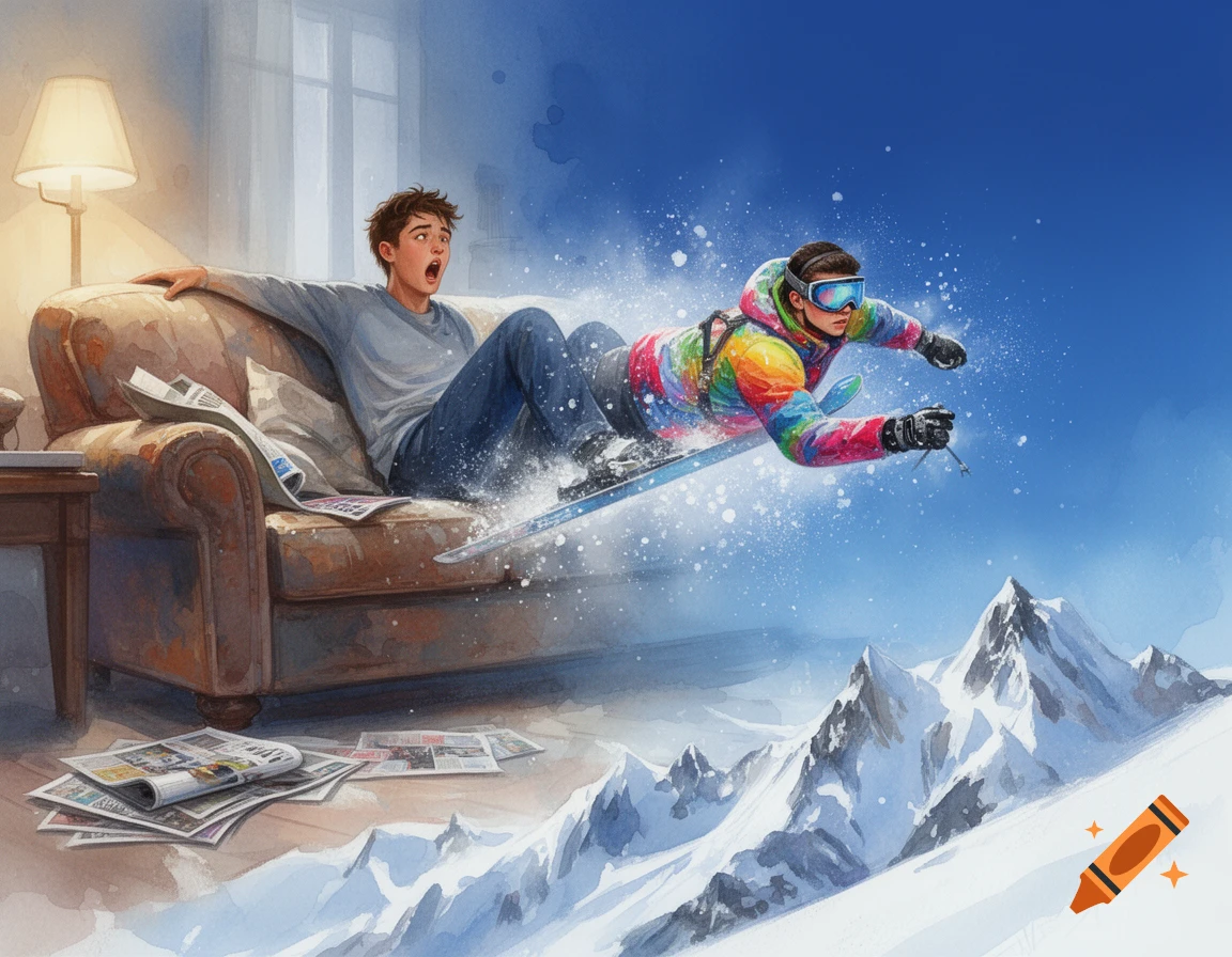 Watercolor painting of a man transforming from sitting on a couch to skiing down a snowy mountain.
