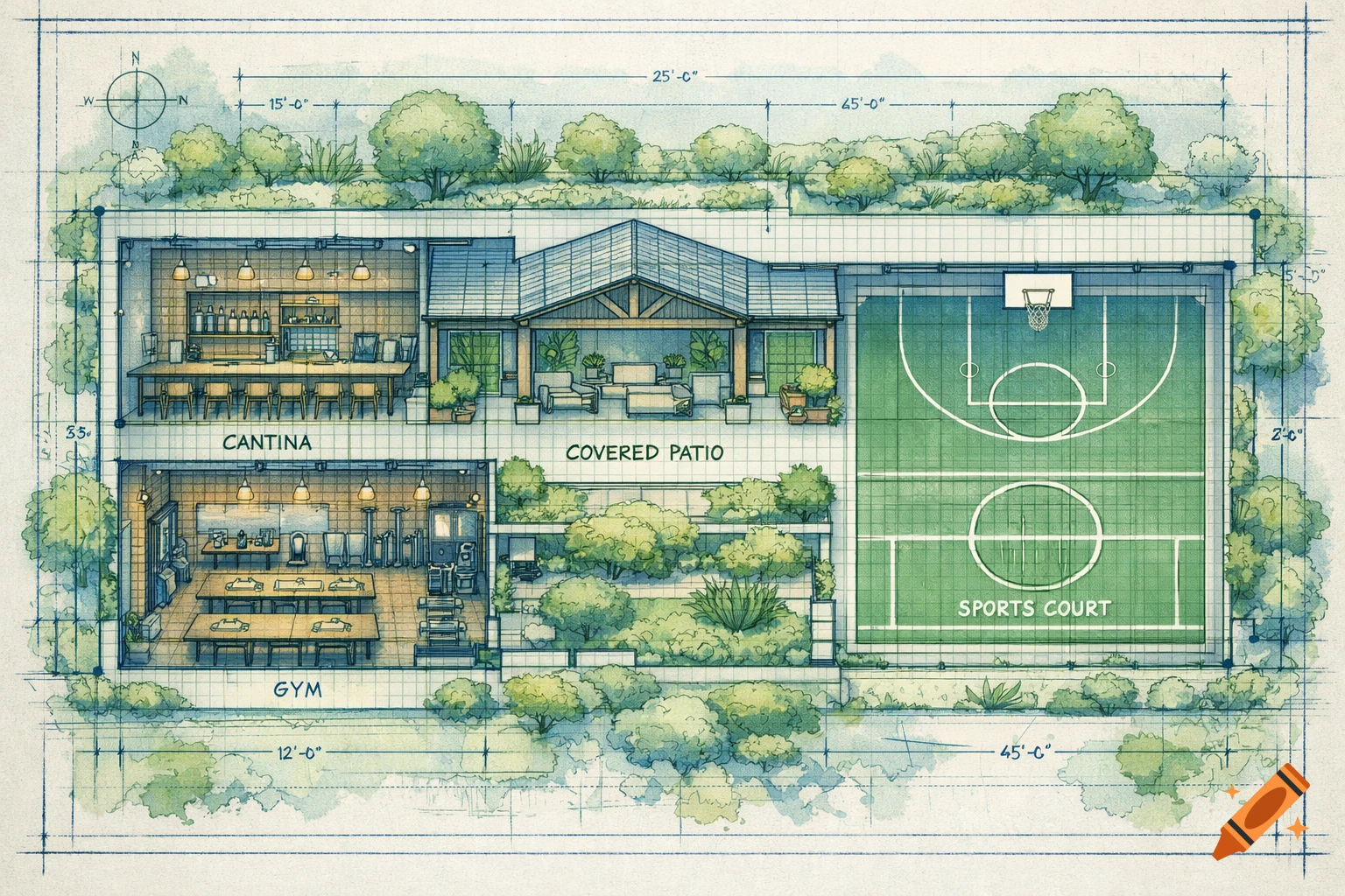 An overhead watercolor architectural blueprint showing a property layout with a cantina, gym, covered patio, and sports court.